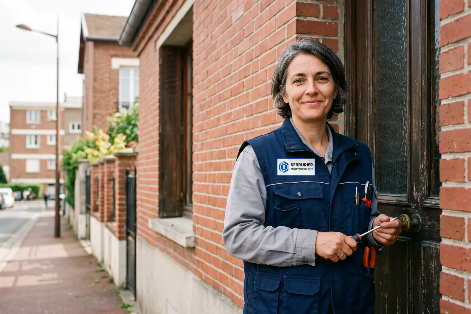 Votre serrurier à Épinay-sur-Seine devant l'entrée d'un immeuble, gilet de travail aux couleurs de Serrurier Épinay-sur-Seine