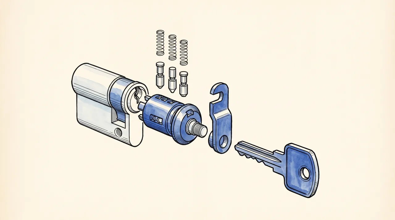Dessin éclaté d'un cylindre européen : corps, rotor, goupilles, came et clé