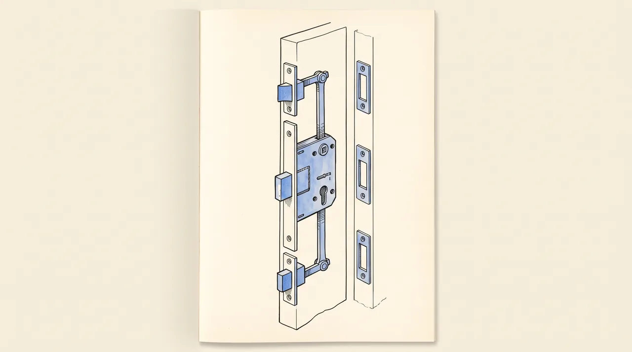 Dessin d'une serrure multipoints avec ses tringles et ses points de fermeture haut, milieu et bas
