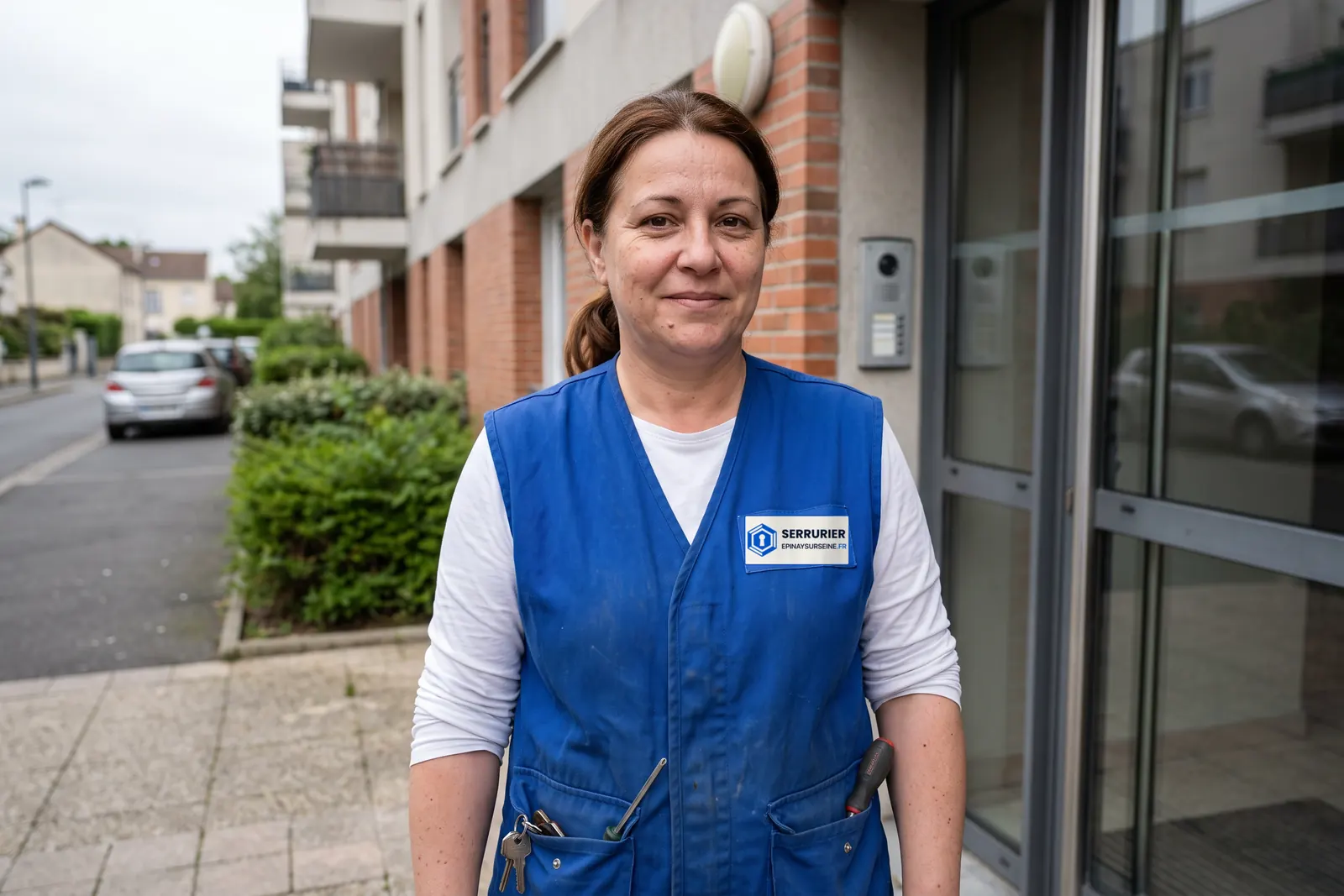 Votre serrurière à Épinay-sur-Seine devant l'entrée d'un immeuble, gilet de travail avec l'écusson Serrurier Épinay-sur-Seine